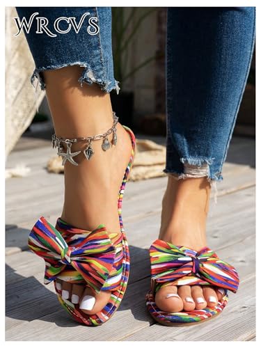 GORGLITTER Women's Summer Bow Colorful Flat Sandals 2025 Rainbow Open Toe Dressy Beach Trendy Slide Sandals4