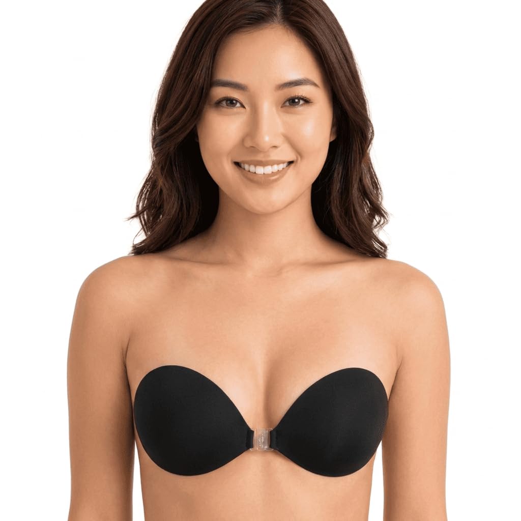Adhesive Bra for Women | Invisible Strapless Bra | Reusable Sticky Push Up Bra | Backless Front Clasp Design | Seamless Silicone Support | Size B | Black-picture-45