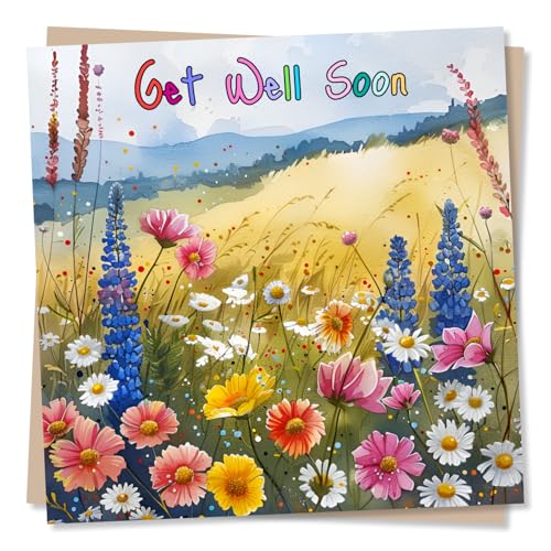 Get Well Soon Card for Women Men Friend Family Husband Wife Partner - Pretty Beautiful Wildflower Design - Made in UK