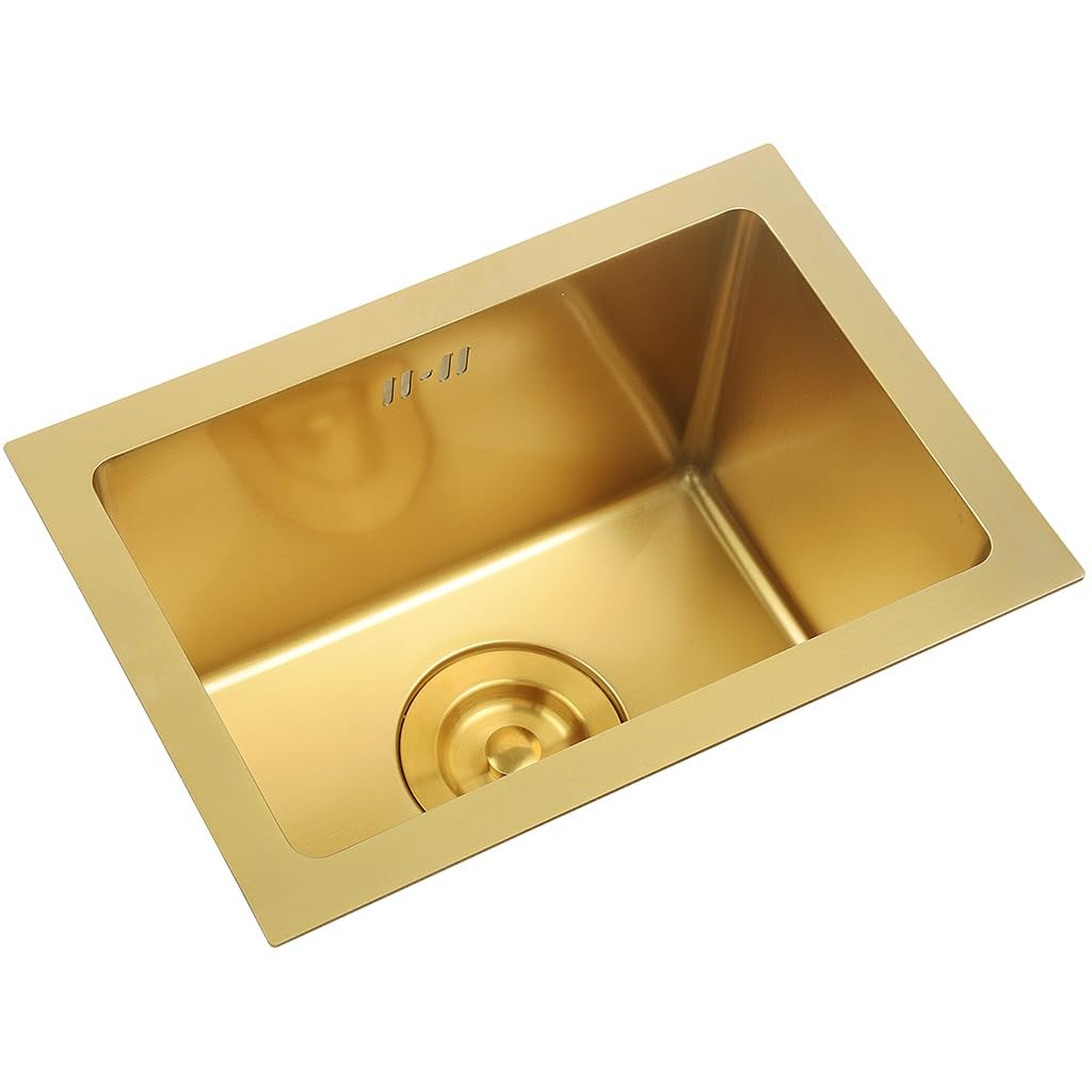 ZQFHSX Gold Kitchen Sink Stainless Steel Workstation Rv Bar Prep with Stopper and Drain Strainer Undermount Or Drop-in for Restaurant Shop Bathroom (Color : Gold, Size 38x26cm)