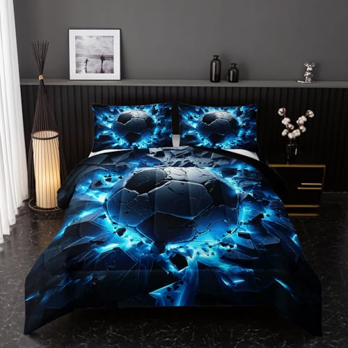Image of Nttopship Soccer Bedding Comforter Set Full Size for Kids Teens and Adults, Blue Black Football Printed Bedding Sets 3 PCS,Ball Sports Themed Bedroom Decor with 1 Comforter and 2 Pillowcases