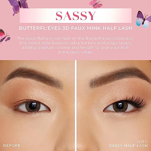 Lilly Lashes Butterfl'eyes Faux Mink Lashes, Half Lashes Natural Look & Feel, False & Reusable Eyelashes 20x, No Trimming + Easy to Apply, Round Style, Lash Glue not Included, 13mm (Sassy)