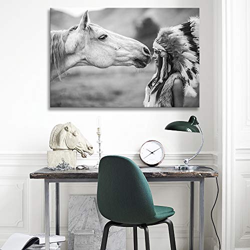 TWO J ブラック ホワイト 写真 プリント 写真 馬と羽 レディース キャンバス 絵画 北欧 デコレーション ウォールポスター リビングルーム ベッドルーム ホームデコ ストレッチ&フレーム入り すぐに掛けられる [幅18インチ x 高さ12インチ] [2]