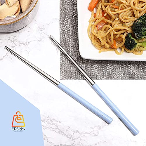 Image of Epsilon Stainless Steel Blue Color Chopsticks, Reusable Chopsticks 304 Stainless Steel Chopsticks Lightweight Metal Pair Chopsticks Dishwasher Safe for Rice and Noodles(Blue Pair of 1)