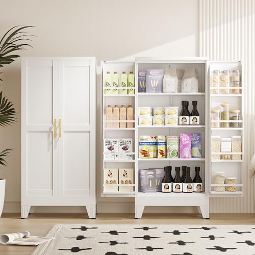 Image of GAIOUS Metal Kitchen Pantry Cabinet, Storage Cabinets with 2 Door and 3 Adjustable Shelves, White Freestanding Food Storage Cabinet, Steel Cupboard for Kitchen Dinning Room