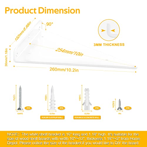 Shelf Brackets 10 Inch - Heavy Duty & Extra Thick Corner Brace White Steel Decorative Joint Angle Bracket For Shelf Triangular Bracket 4Pcs (10Inch, White) #TOP5
