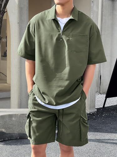 Verdusa Men's 2 Piece Outfits Half Zip Short Sleeve Pullover Shirt and Cargo Shorts with Pockets3