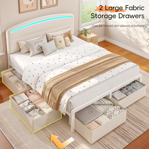 Homkdom Full Size Bed Frame with Upholstered Headboard, USB-C & LED, Beige - image 4