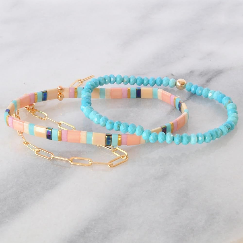 Tila Flat Beaded Stack Gold Paperclip Link Bracelets Set for Women, 3Pcs Trendy Handmade Miyuki Glass Beads Bracelet Chain Festive Holiday Accessories Jewelry Gift. - Image 3