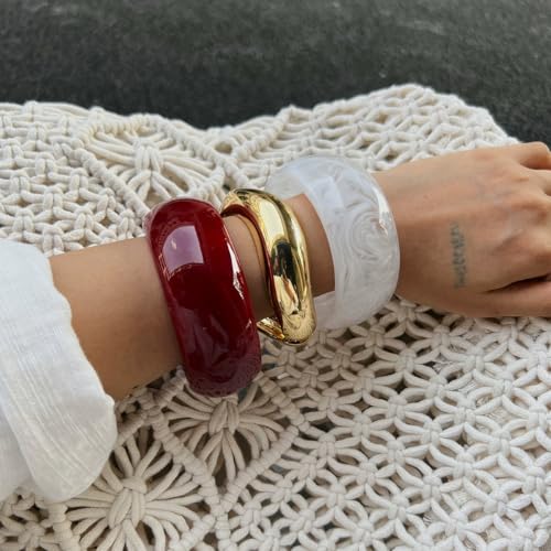 Chunky Gold Bracelet Resin Bangle Bracelets for Women 3Pcs Vintage Acrylic Wide Cuff Bracelet Mixed Metal Sculptural Statement Fashion Jewelry3