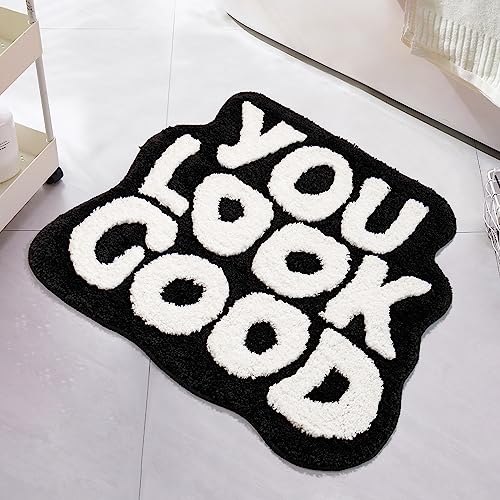 UNIBATH You Look Good Bath Mat Black and White Bathroom Rugs Funny Cute Bathroom Decor Preppy Small Cool Rug Non Slip Microfiber Washable Absorbent Shower Rug, 25”x21”