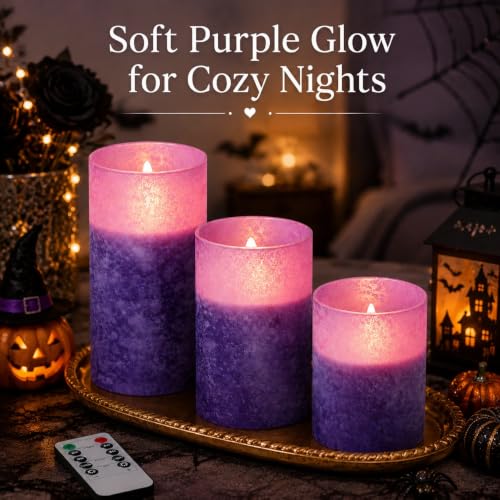 Image of Purple Flameless Candles Remote Timer Halloween Decor Set of 3 | Purple Sandblasted Glass, Warm White LED Glow, Real Wax, 10 Key Remote, 2 4 6 8 Hour Timer, 3 Sizes