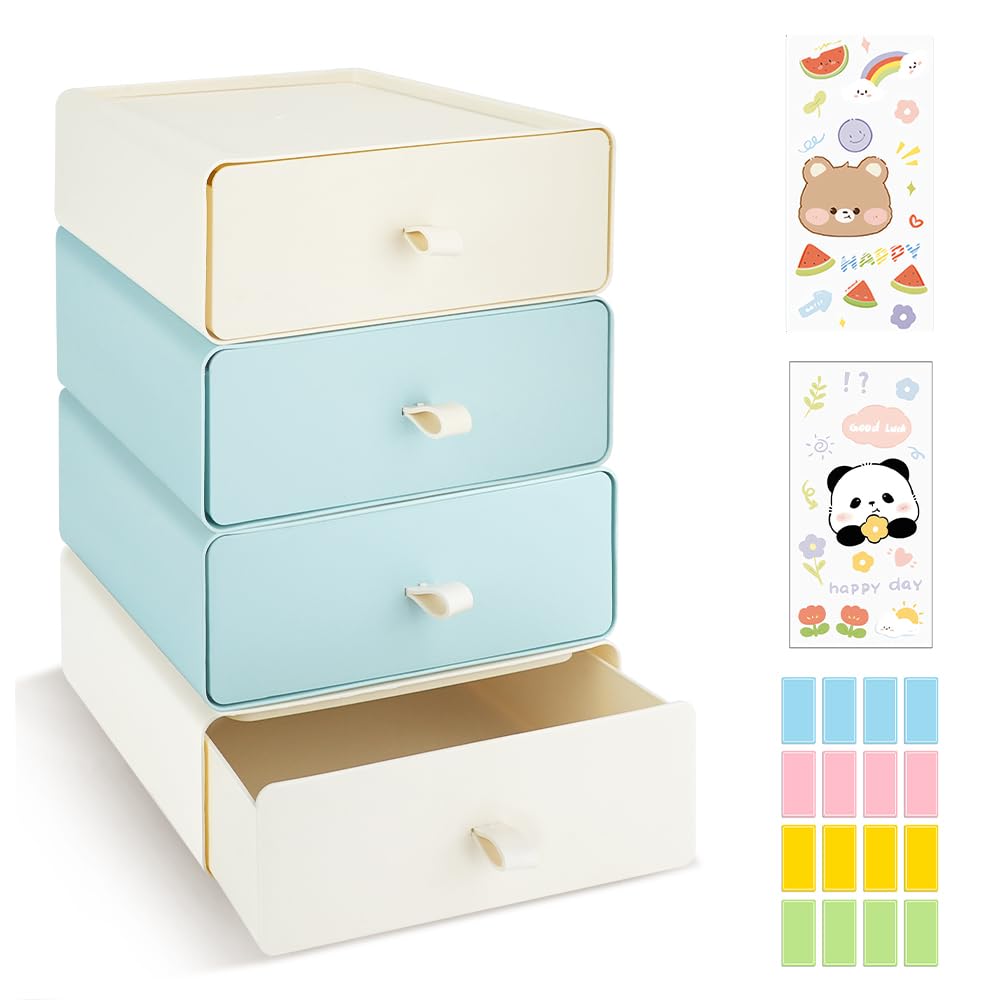 4 PCS Desktop Stackable Organiser, Plastic Storage Boxes with 4 Drawers, Desk Makeup Organizer with 3 Tabs, Small Office Storage for Stationery Makeup, Supplies Bathroom Dorm (2*Light Blue + 2*White)