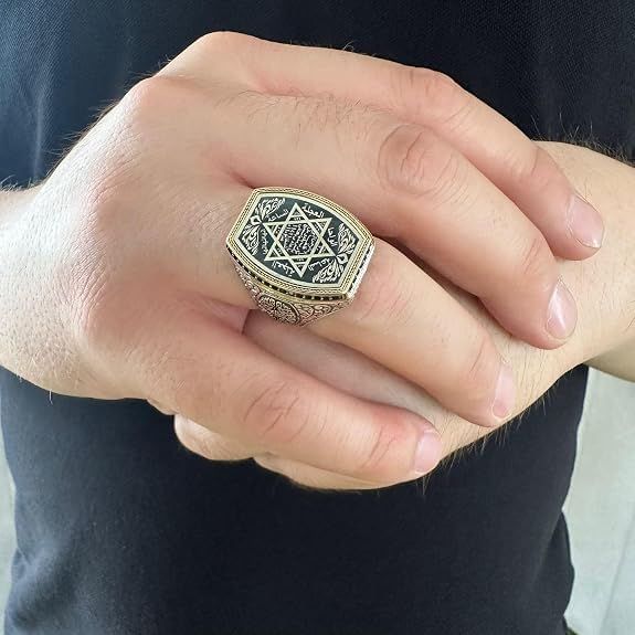 Anillo de plata de ley 925 con diseño de sello de los siete arcángeles para hombre, anillo de cábala de Salomón con circonita cúbica hexagonal en triángulo, estrella de David, anillo de