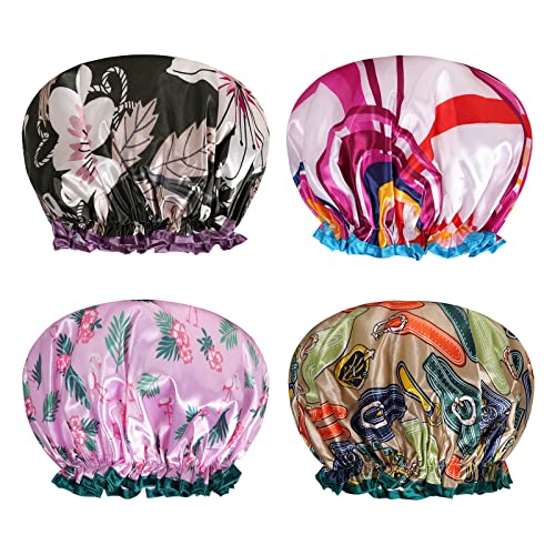 AOOWU Shower Caps, 4 Pack Waterproof Bath Caps Large Reusable Shower Hats