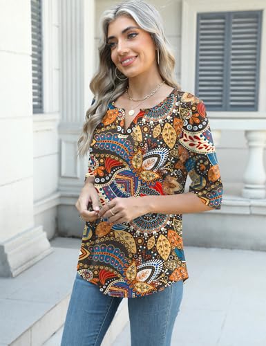 AKEWEI 3/4 Length Sleeve Womens Tops Summer Loose V-Neck T-Shirts Dressy Casual Boho Blouses Babydoll Shirts Colorful Floral XL - Thumbnail 4