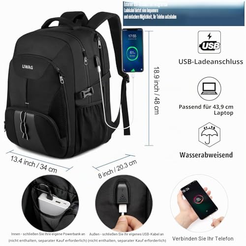 Foto von Extra Groß Rucksack Herren 50L Wasserdicht Arbeit Laptop Rucksack für 17 zoll mit USB Ladeanschluss Business Reisen Notebook Schulrucksack für Männer Frauen Jungen Teenager Schwarz