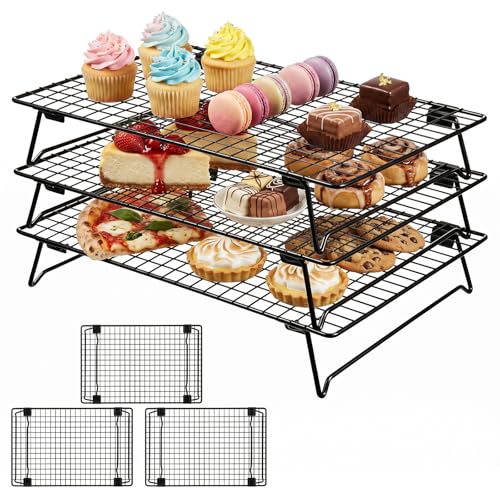 3-Tier Stackable Cooling Rack For Cooking And Baking, 17' X 11' Large Black Wire Cooling Rack, Foldable & Heavy Duty Cookie Cooling Rack, Oven Safe Baking Rack