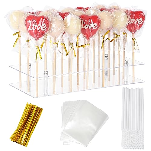Cake Pop Stand with Sticks Kit, 21 Holes Lollipop Display Stand, Acrylic Cake Pop Display Holder, Lollipop Holder with 100 Pcs Sticks, 100 Pcs Clear Wrappers, 100 Pcs Gold Twist Ties