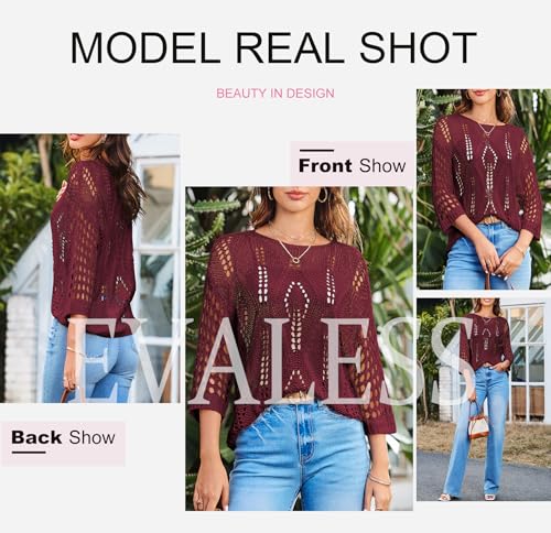 Image of EVALESS Womens Crochet Hollow Out Knit Tops Half Sleeve Spring Summer Sweaters Beach Cover Ups for Women Trendy 2026