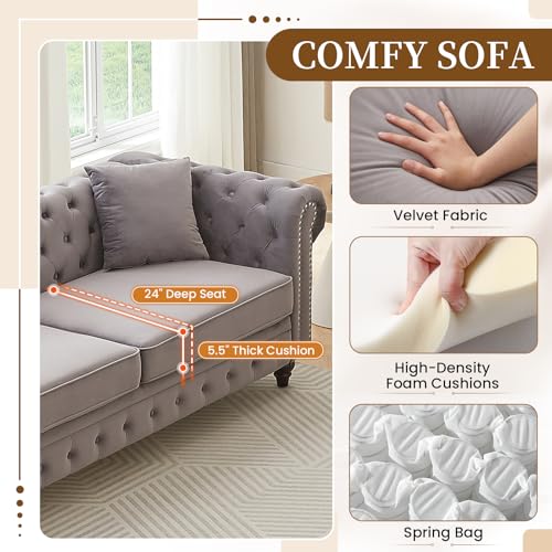 Image of 2 Piece Living Room Sofa Set, Velvet Button Tufted Couch and Loveseat Set with Nailhead Trim&Roll Armrests, Mid Century Modern Chesterfield Sofa for Living Room, Office(Loveseat+3 Seater, Light Grey)