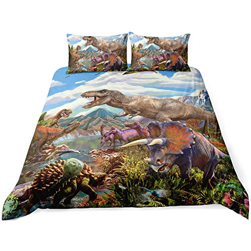 ADASMILE A & S Jurassic Park Bedding Set for Boys 3D Dinosaur Duvet Cover with 2 Pillow Shams Kids Bedding Queen Size with Zipper Closure Corner Ties Super Soft No Comforter Home Decor