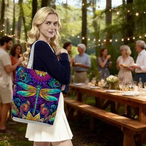 Bolso tote con estampado de libélula y flores, con cremallera superior, para uso diario, viajes y actividades al aire libre, ideal como regalo para mujeres y amantes de las libélulas miniatura 5
