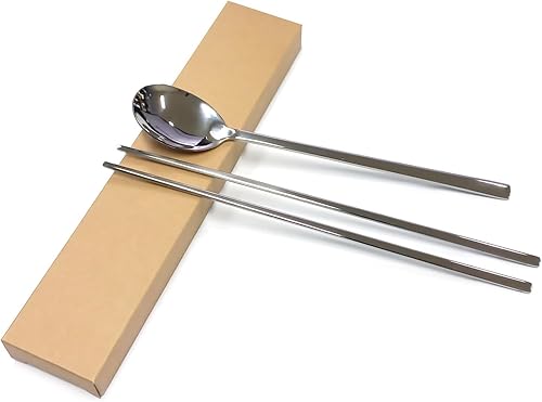 Miniatura 2 de Cubertería tradicional coreana de acero inoxidable cucharas y palillos juego de vajilla con mano larga, reutilizable (sin patrón)