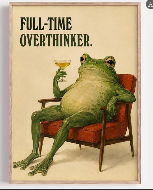 QkyLuck 12x16 Inch Funny Frog Wall Art, Ready to Hang Canvas Prints, Retro Full-Time Overthinker Pictures, Quirky Humorous Poster for Home Bedroom Living Room Office Decor