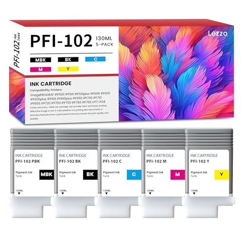 PFI-102 Ink Cartridge 130ml 5-Pack PFI-102 Ink Tank Replacement for Canon PFI-102MBK PFI-102BK PFI-102C PFI-102M PFI-102Y Ink for imagePROGRAF IPF500 IPF600 IPF605 IPF610 IPF650 IPF700 IPF710 Printer
