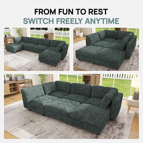 Image of 99 inch Modular Sectional Chenille Sofa bed with Hidden Storage, Comfy Modern 6 Seater Oversized Deep Seat Couch, Modular Sectional with Ottoman and Removable Cover for Living Room, Apartment, Green