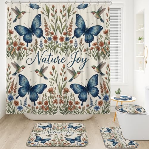 Rideau de douche anti-éclaboussures imprimé bleu fleur et colibri - 3