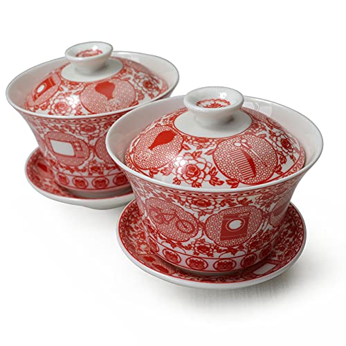 Image of Liang Baobao Porcelain Tableware Gift 2Set Gaiwan Bowl Spoon Hollow Paper Cut Pattern Tea Set for Adults Men Women Couple Wedding Party (Retro paper-cut), larger