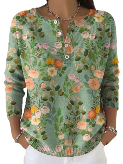 Womens Henley Knit Tops with Floral Paisley Geometric Prints Long Sleeve Relaxed Fit Artistic Boho Sweaters for Fall