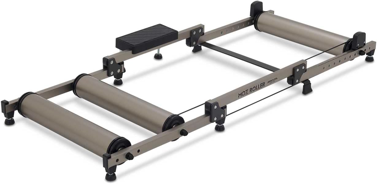 Minoura Moz G2 Folding Bike Trainer with Step Guard | Adjustable 20in-700C Alloy Roller, Quiet Operation, Portable Cycling Rollers for Indoor Training