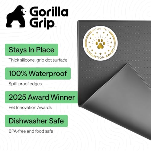 Image of GORILLA GRIP 100% Waterproof Raised Edge BPA Free Silicone Pet Feeding Mat, Dog Cat Food Mats Contain Spills Protects Floors, Placemats for Cats and Dogs Water Bowl, Pets Accessories 16x10, Charcoal