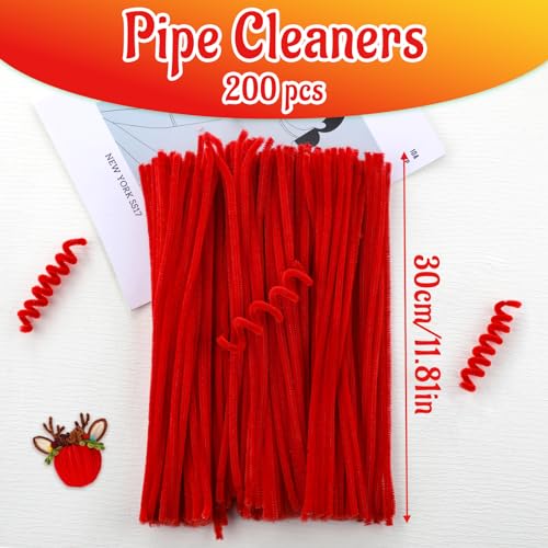 Image of Mnuizu 200Pcs Pipe Cleaners Chenille Stems Craft Pipe Cleaners Fuzzy Sticks | Pipe Cleaners Fluffy Pipe Cleaners Bulk for Flowers, Arts And Crafts Supplies, Christmas Decorations, Red