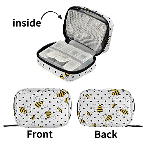 Image of Naanle Bees on Polka Dots Pill Box 7 Day Pill Case Travel Pill Organizer Bag with Zipper Portable Weekly Case Compact Size for Vitamin Supplement Holder