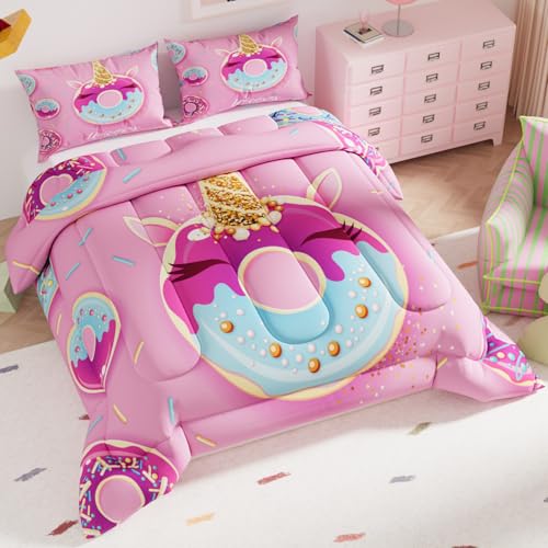 Image of Unicorn Comforter Sets for Girls Kids Adults,Pink Colorful Background for Bedroom,Decorative 3 Piece Bedding Comforter Sets with 2 Pillow Shams, Queen Size