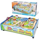 maxim enterprise, inc. 62 Pc Wooden Train Set with Activity Table/Trundle, Wood Train Track, Over Under Bridge, Engine & Car, and Other Railway Accessories, Compatible with All Major Brands