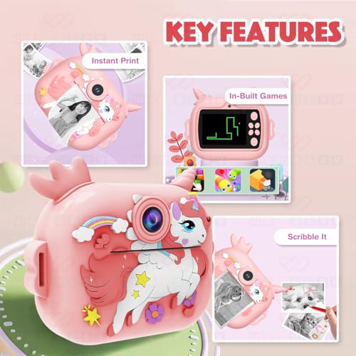 Image of Wembley 8MP Digital Camera for Kids with Print | Instant Printing, Unicorn Design, Video Recorder, 4GB SD Card, Print Paper Rolls, Shoulder Strap for Kids 3-10 Years