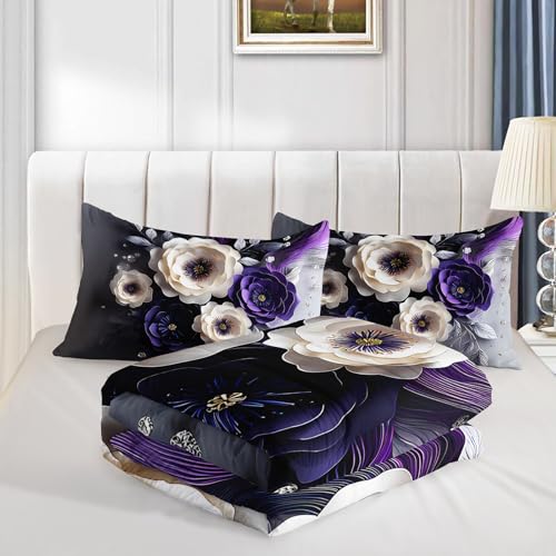 Image of QOOMO Purple Flowers Kids Bedding Set,Cartoon Plants Comforter Set Full Size for Boys Girls Teen Room Decorat,Soft Lightweight Bed Set All Season,1 Comforter 2 Pillowcases