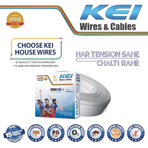 Image of KEI WIRES & CABLES Homecab 1 sqmm 1 Core Copper Flame Retardant House Wire PVC Insulated Cable for Domestic & Industrial Electrical Wiring (White, 90m)