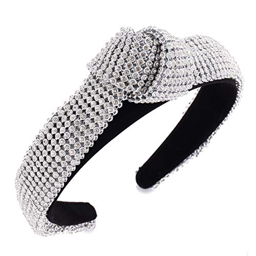 Rhinestone Headband for Women Bejewelled Elastic Headband Knotted Hairband Crystal Embellished Hair Accessories for Girls (Silver)