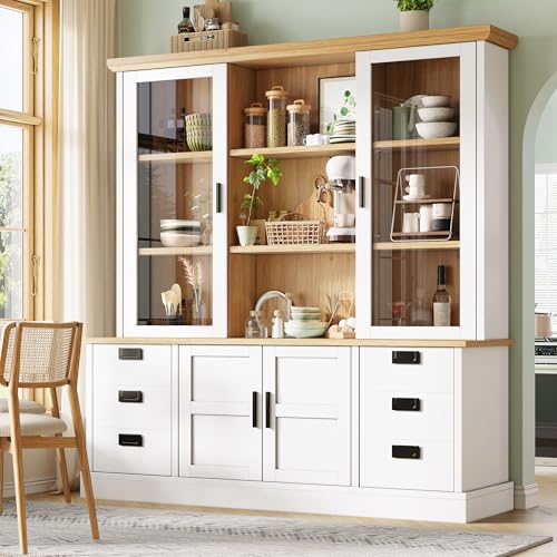 BENMWS Armario alto de cocina con 6 cajones, 40 x 140 x 185 cm, color blanco, puertas de cristal, protección antivuelco, rieles metálicos, armario de almacenamiento para cocina y comedor