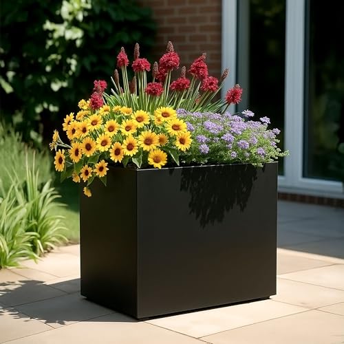 IDEALIST 50cm Trough | Black Reinforced Stone Rectangular Planter | Garden Plant Pots with Drainage Holes L50 W20 H40 cm, 23 litres