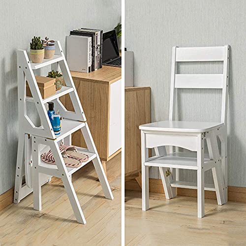 Taburete escalera plegable de madera maciza blanca con peldaños anchos para el hogar 5