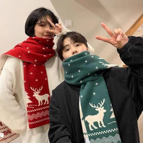 Winter Women Warm Scarf, Unisex Christmas Reindeer Snowflake Scarf, Fall Winter Warm Knit Long Scarf (Red)3