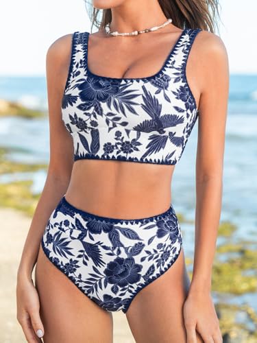 Image of CUPSHE Women Bikini Sets Scoop Neck Two Piece Swimsuit Bathing Midkini | Soft Removable Cups,Wide Straps,High Waisted,Serrated Stitching,Tank Top,Chic Swimwear For Vacation And Beach