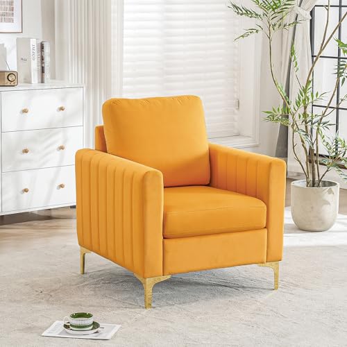 AIITTCC Modern Velvet Accent Chair for Living Room & Bedroom Comfy Reading Armchair with Gold Metal Legs (1, Mustard Yellow)